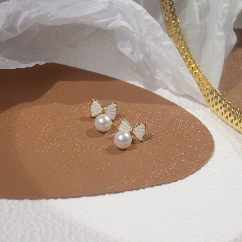 Bông Tai Hình Nơ Đính Ngọc Trai Dễ Thương Phong Cách Hàn Quốc