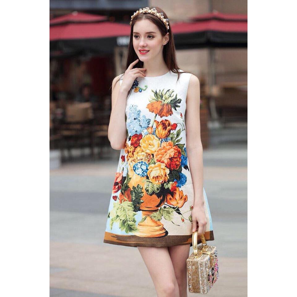 Đầm Gấm Quảng Châu Đính Đá Nút Hoa Cao Cấp