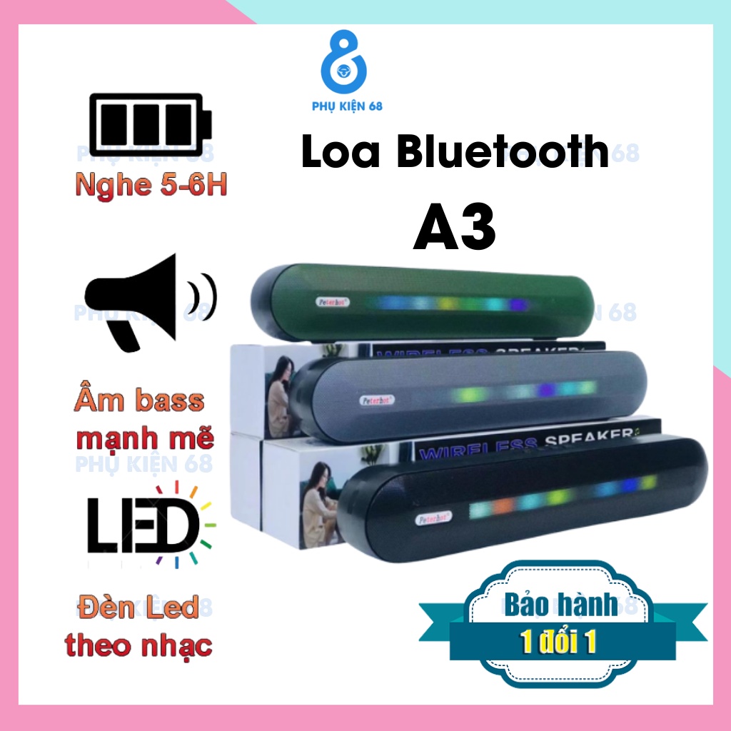 Loa bluetooth A3, A2 - Có đèn LED - Hiệu Ứng 2 loa Bass mạnh âm thanh đỉnh có kết nối máy tính