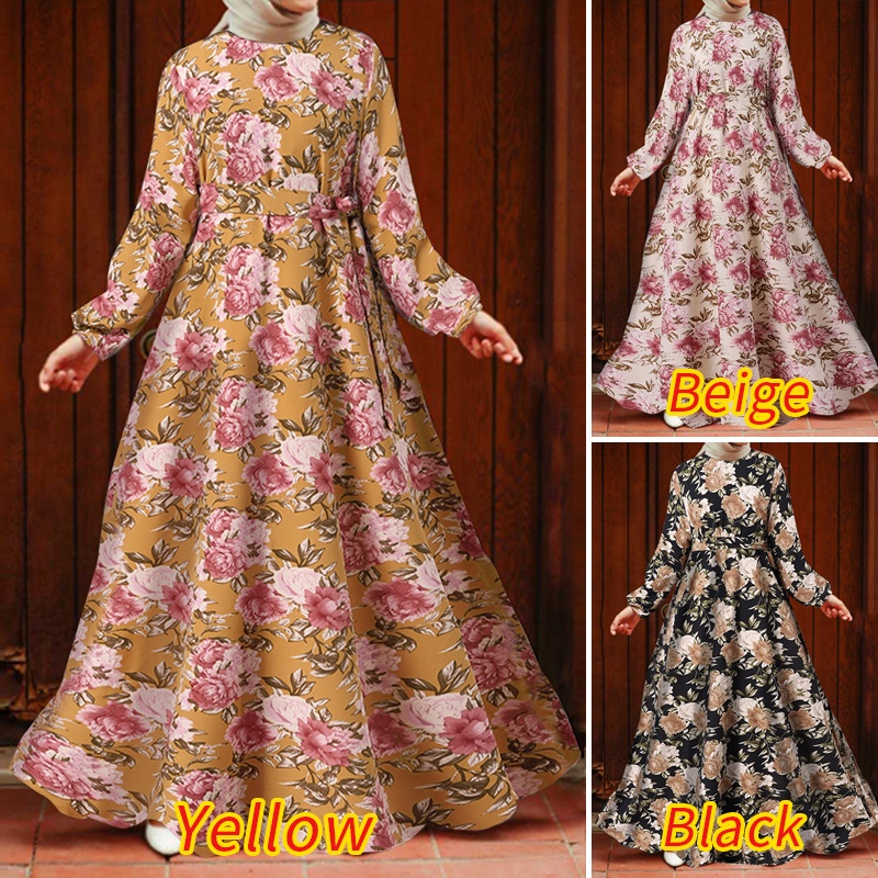 Zanzea Đầm Maxi Tay Dài Hoạ Tiết Hoa Thêu Cho Phụ Nữ Islam