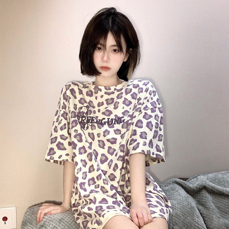 Áo Thun Tay Ngắn Dáng Rộng In Họa Tiết Da Báo Phong Cách Harajuku Hàn Quốc Thời Trang Mùa Hè Cho Nữ