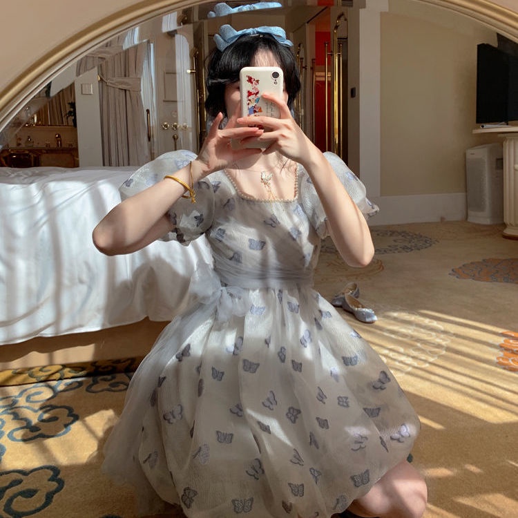 Đầm Công Chúa Tay Phồng Cổ Vuông Phối Lưới Đính Ngọc Trai Và Nơ Thời Trang Mùa Hè Phong Cách Pháp Mới Cho Nữ