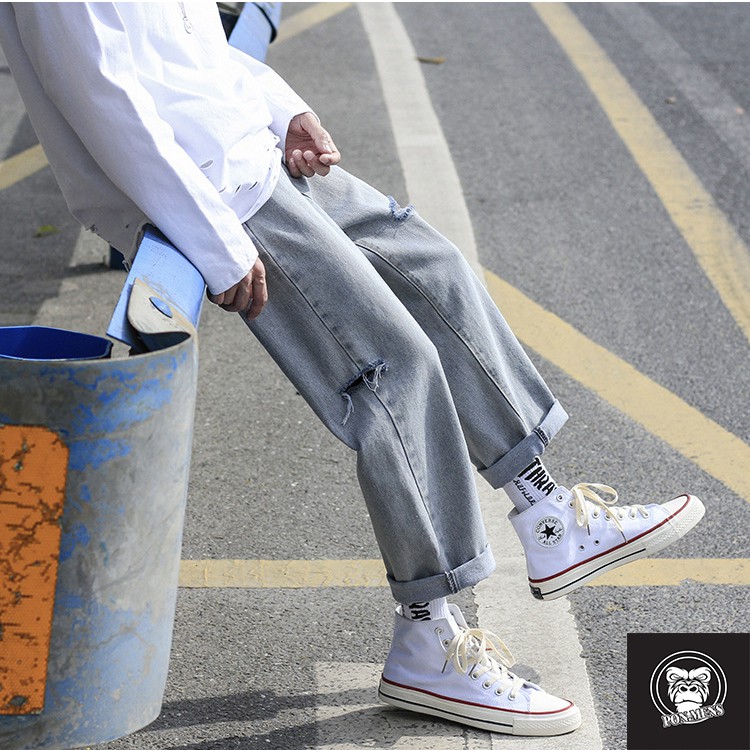 [xả kho lẻ size] Quần jean ống rộng nam nữ unisex màu xanh ghi rách 2 bên 653 Pon.mens | BigBuy360 - bigbuy360.vn