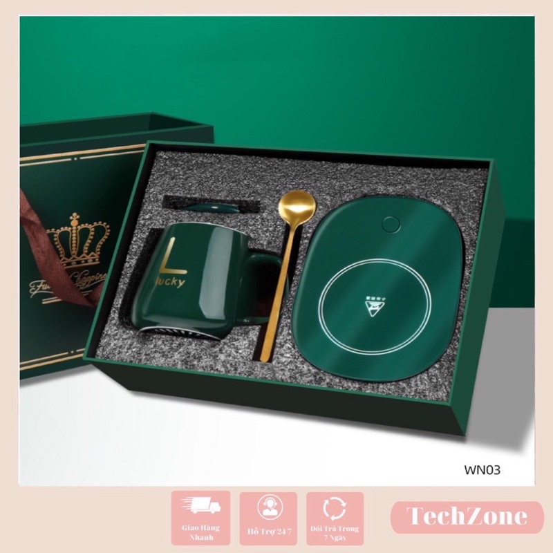 Cốc điện giữ nhiệt hâm nóng đồ uống, tặng kèm thìa và hộp đựng sang trọng.