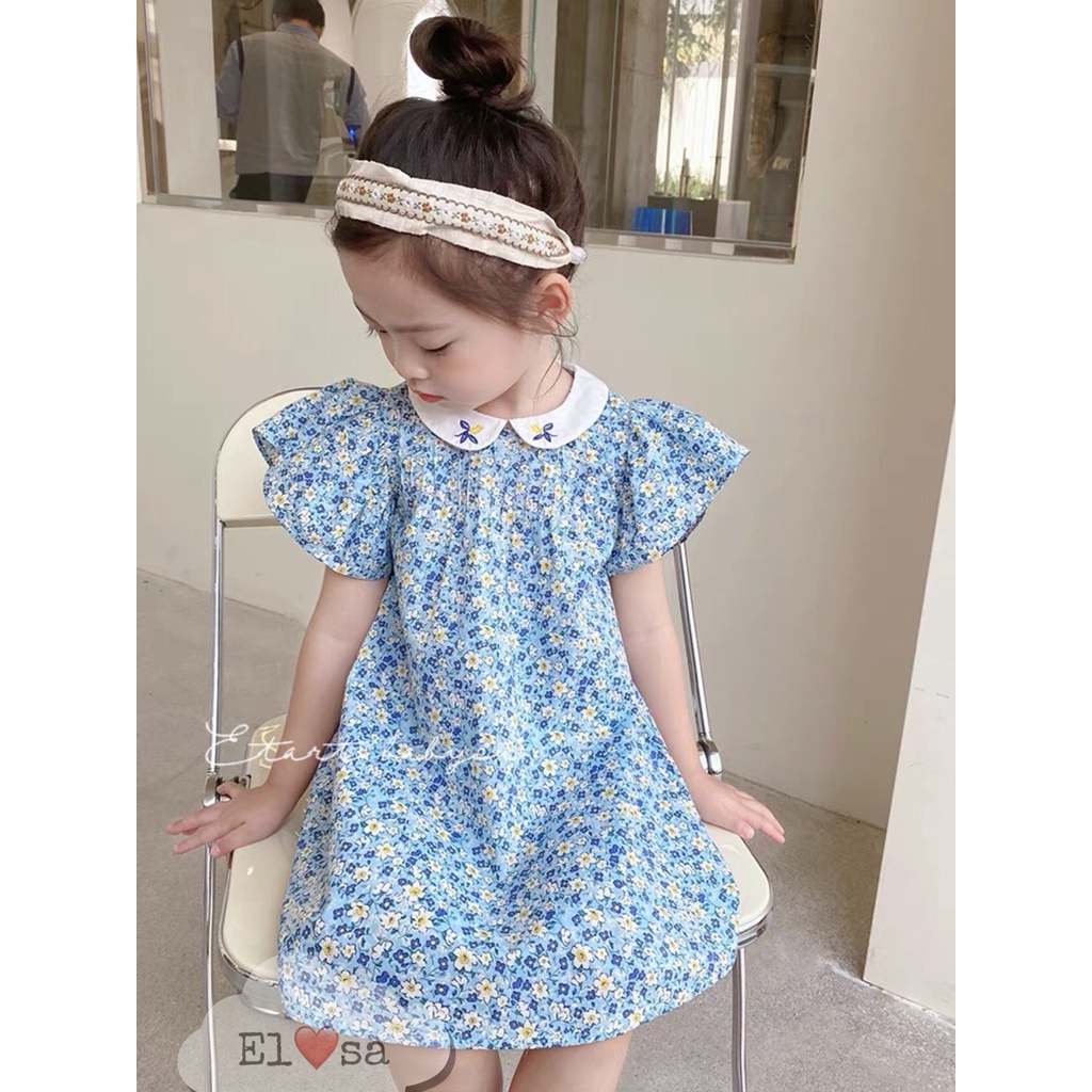 Váy bé gái,Váy Babydoll Xanh Hoa Nhí Cổ Thêu Siêu Xinh VAY013