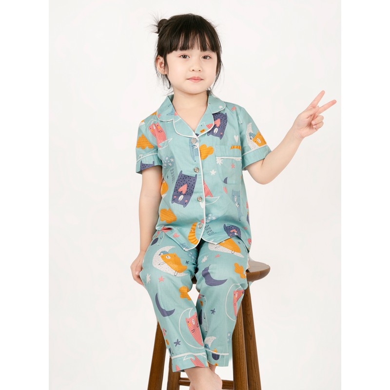 Đồ bộ Pijama bé gái áo dài quần dài hình khối