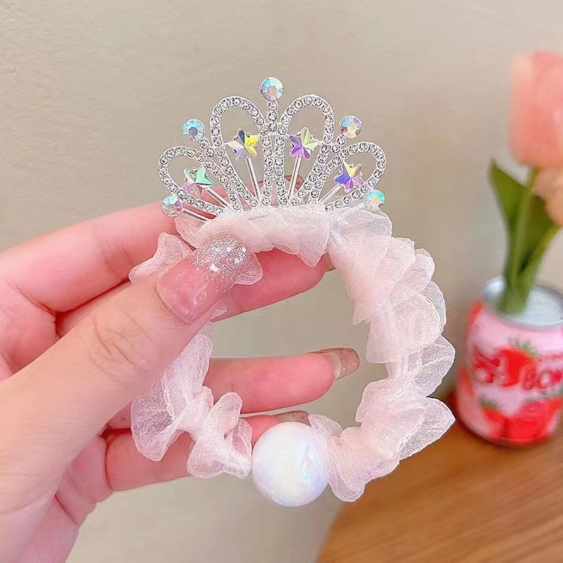 1 Dây Cột Tóc Hình Vương Miện Đính Ngọc Trai Ba Chiều Co Giãn Dễ Thương Dành Cho Bé Gái