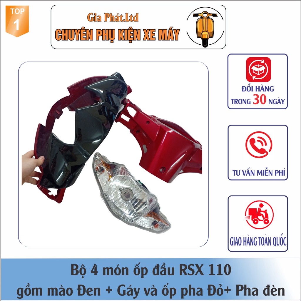 Combo ốp đầu Wave RSX 110  gồm Mào Đen -Gáy Đỏ - và Pha đèn kèm bóng