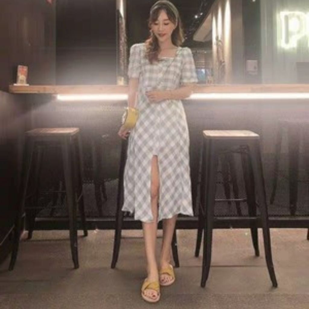 Váy Kẻ Caro , Đầm nữ Dáng Dài Xẻ Tà , Cổ Vuông Vintage Phong Cách Hàn Quốc , Phù Hợp Công Sở , Đi Chơi
