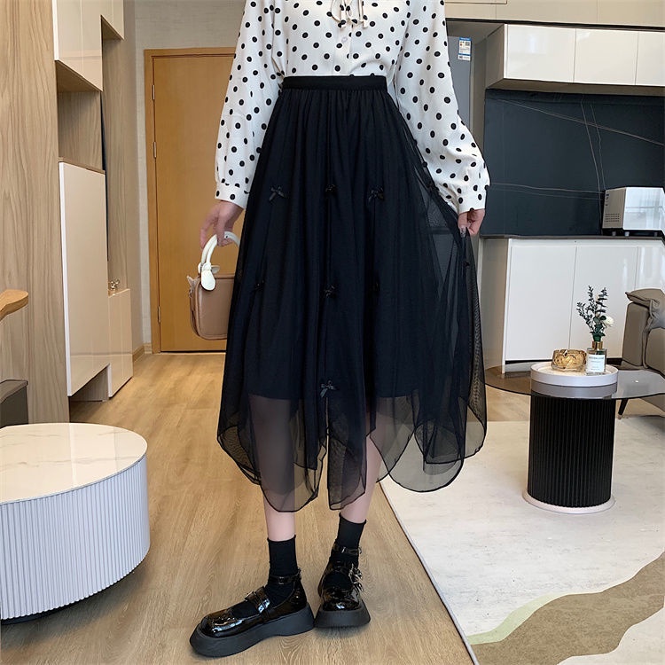 Chân Váy Chữ A Lưng Cao Phối Lưới Và Nơ Xinh Xắn Dễ Phối Đồ