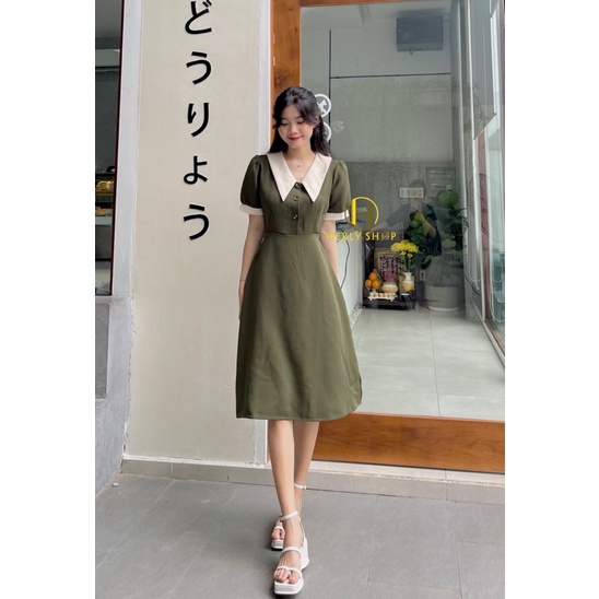 ĐẦM MIDI ĐÍNH NÚT PHỐI CỔ BẺ