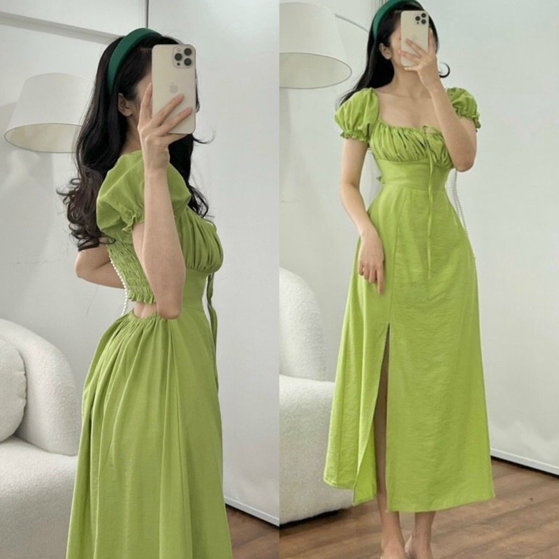 Đầm Maxi - Váy xẻ tà chất đũi Quảng Châu, xếp ly ngực eo thon gọn siêu hack dáng, dây cổ yếm, có mút ngực HK SHOP9720 | BigBuy360 - bigbuy360.vn