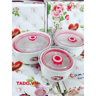 (loại đẹp) Bộ 3 bát sứ tròn lạnh có nắp hút chân không không quai tai mẫu hoa văn cao cấp GD716