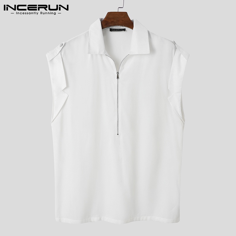 Áo sơ mi INCERUN sát nách màu trơn dáng rộng phối khóa kéo thời trang cho nam