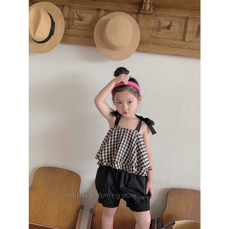 Bộ bé gái 2 dây caro  bánh bèo mùa hè cho bé từ 0-6 tuổi