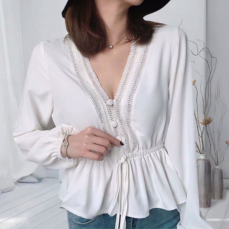 Áo Voan Cổ V Tay Dài Phối Ren Kiểu Kèm Rút Eo Qúy Phái TTS0638