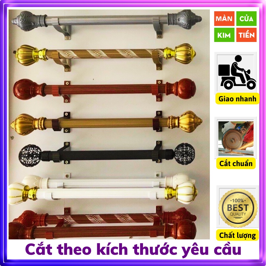 Thanh Treo Rèm, Cây Treo Rèm Cửa Chất Liệu Nhôm Sơn Tĩnh Điện, 2 Màu Trắng &amp; Gỗ Đầy Đủ Phụ Kiện, Bát Đỡ-Đầu Chụp-Núm Cột