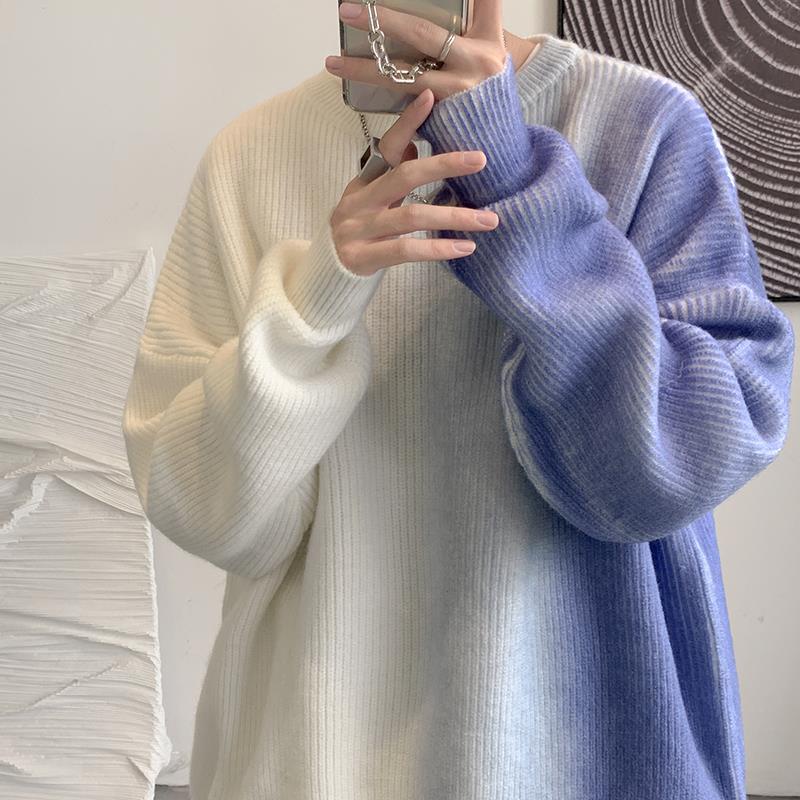 Áo Sweater Dệt Kim Cổ Tròn Dáng Rộng Màu Nhuộm Gradient Kiểu Đường Phố Hồng Kông Thời Trang Thu Đông Cho Nam