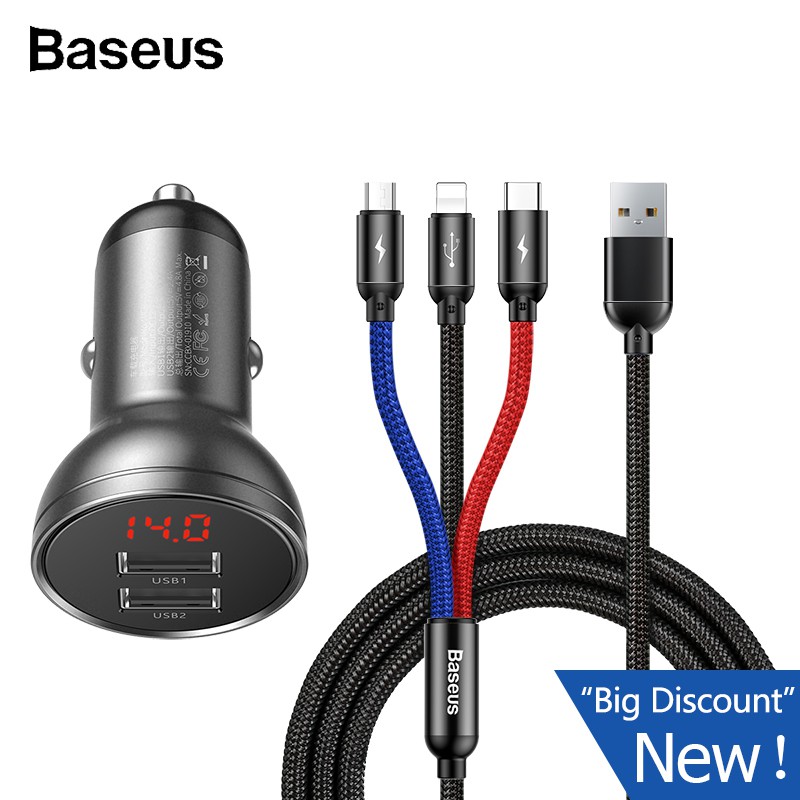 Tẩu sạc Baseus USB 4.8a 24w cho xe hơi kèm cáp sạc 3 trong 1 dài 1.2m