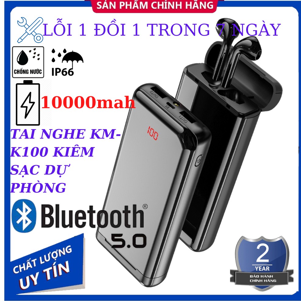 Tai Nghe Nhét Tai Bluetooth-Tai Nghe Không Dây KM-K100 Kiêm Sạc Dự Phòng 1000mah,Chống Nước,Chống Nước