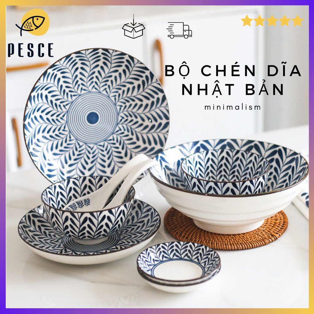 [Sang Trọng] Bộ Bát Đĩa Ăn Cơm - Bộ Chén Đĩa Gốm Sứ Nhật Bản Hoạ Tiết Lá Nhỏ