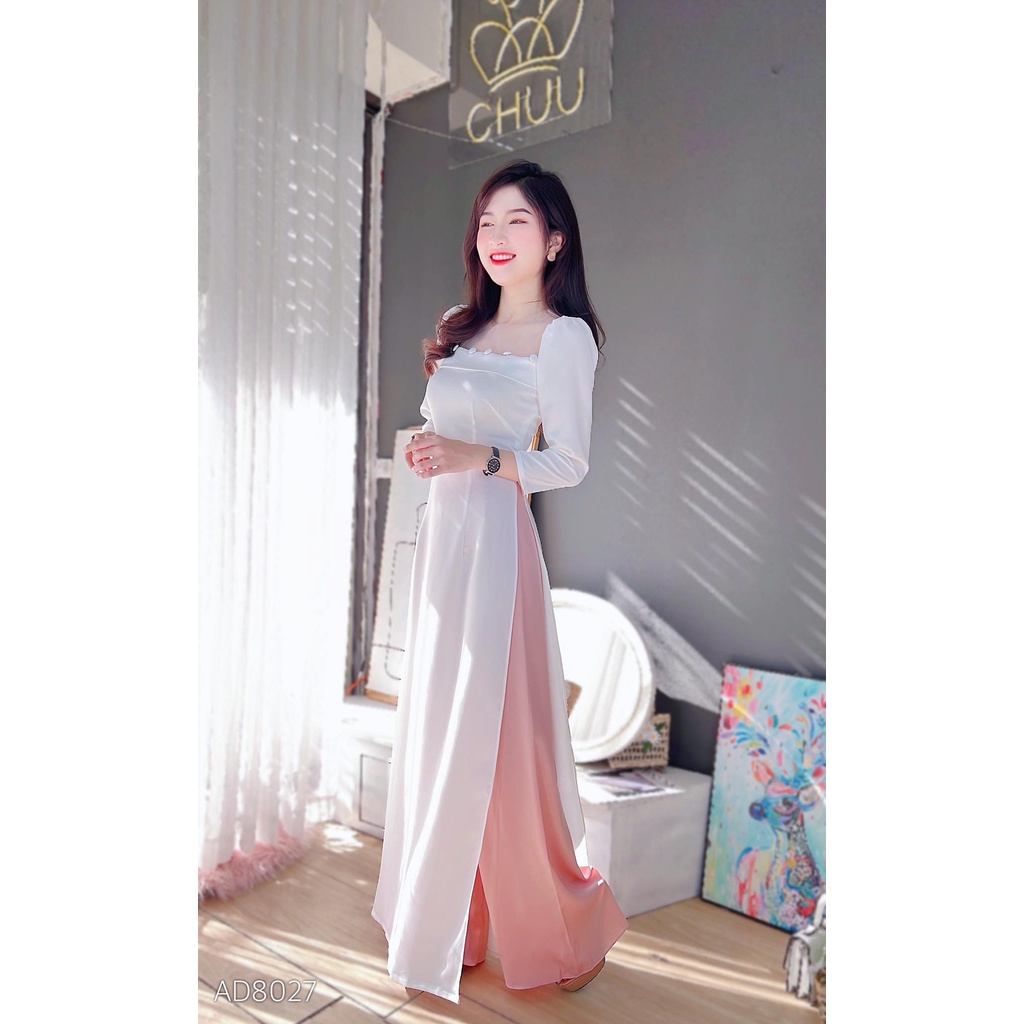 Áo dài nữ cách tân lưới xinh xắn đính nút bọc không kèm quần CHUU AD8027