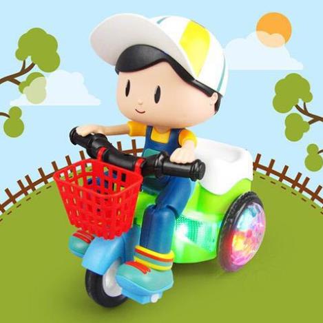 Cậu bé đi xe đạp 3 bánh bốc đầu xe xoay 360 độ có đèn led và nhạc sôi động