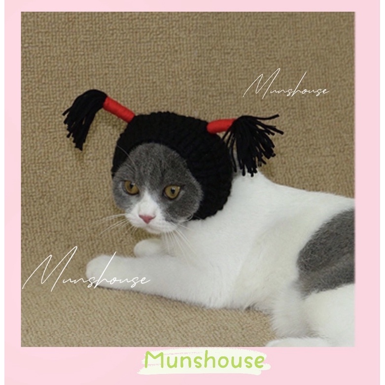 Mũ len tóc buộc dây đỏ hai bên cho thú cưng