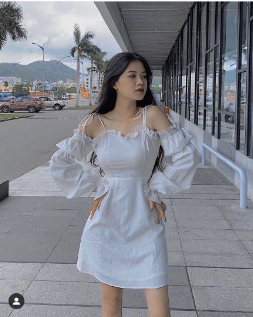 ĐẦM TRỄ VAI HAI DÂY TAY BỒNG 2 MÀU TRẮNG ĐEN SIÊU HOT - HÀNG CÓ SẴN | BigBuy360 - bigbuy360.vn