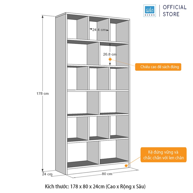 Kệ Sách Để Sàn Gỗ Chống Ẩm Cao Cấp SIB Decor (178 x 80 x 24cm) - KSG03