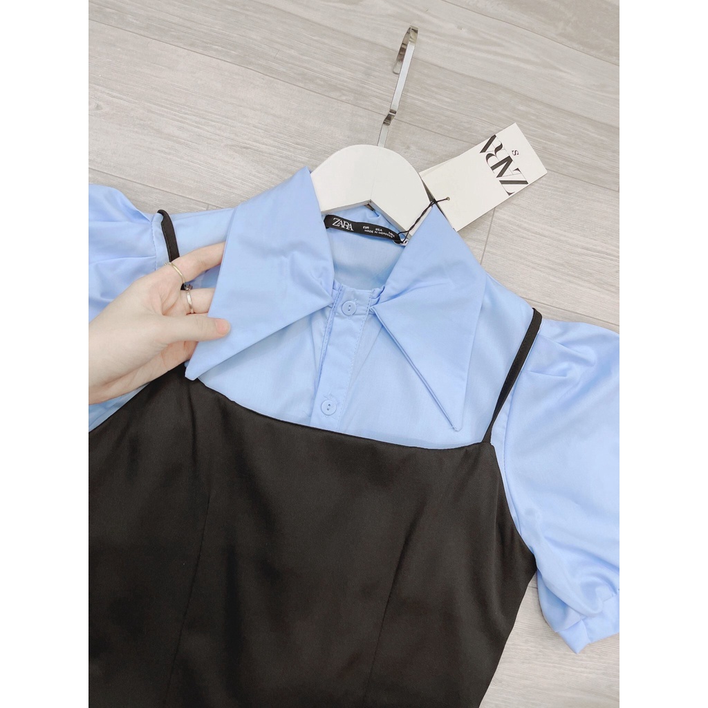 Sét yếm váy hai dây đen trơn mix áo sơ mi xanh chất liệu cotton, áo sơ mi nữ cổ nhọn Hàn Quốc