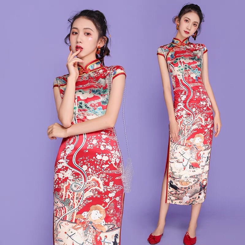 Sườn xám xẻ đỏ🌹thượng hải dáng váy dài. Váy ôm sát body cổ trang