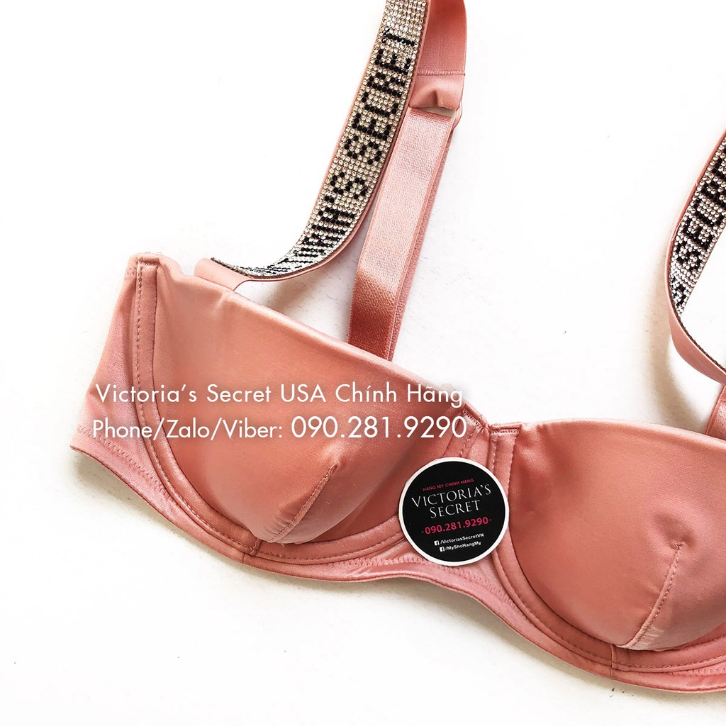 Áo Vic 34B/B75 - Áo bra hồng đính hạt chữ (113) không nâng, có gọng, Balconette Dollhouse - Victoria's Secret