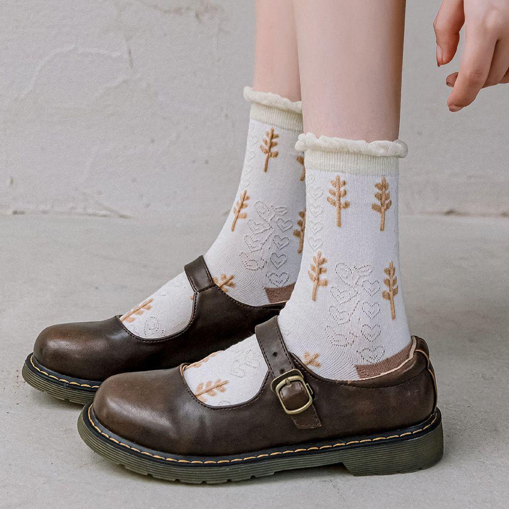 IVORY Vớ Cotton Co Giãn Thêu Họa Tiết Hoa Dễ Thương Phong Cách Harajuku Cho Nữ