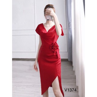 Váy body đỏ cổ V hoa eo V1374 - Đẹp Shop DVC (Kèm ảnh thật trải sàn do shop tự chụp)