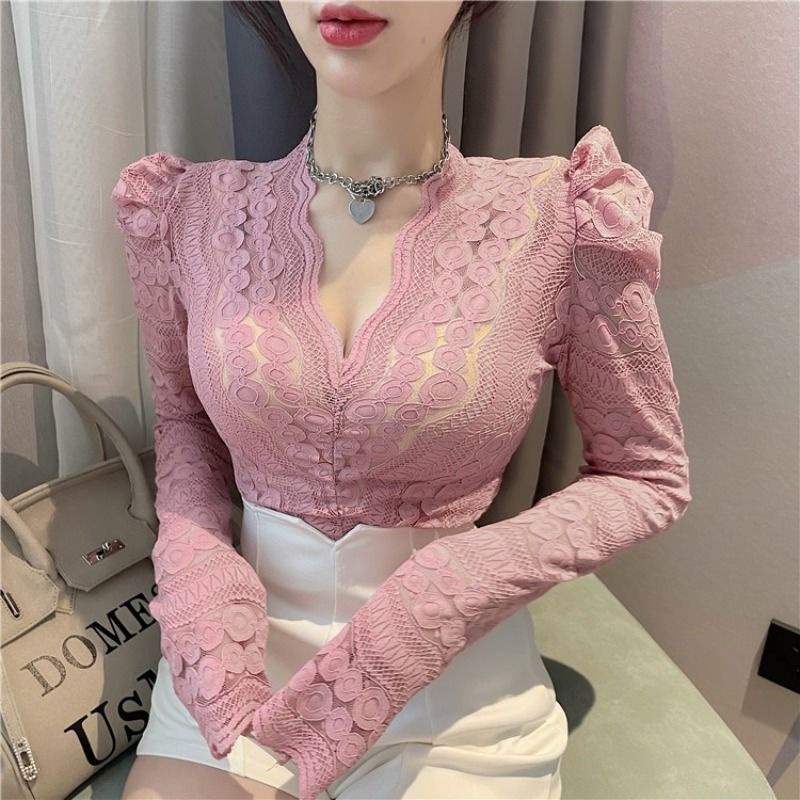 Áo Nhung Tay Dài Phồng Cổ Chữ V Thời Trang Thu Đông Mới