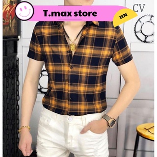 Sơ Mi Nam Ngắn Tay 💖FREESHIP💖Áo Sơ mi nam kẻ vàng - Chất liệu lụa cotton, chất vải mềm mịn, dáng slimfit trẻ đẹp
