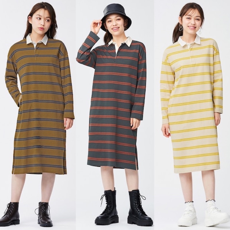 Váy cotton xuông Polo dài tay kẻ ngang trẻ trung, cá tính của GU - Nhật