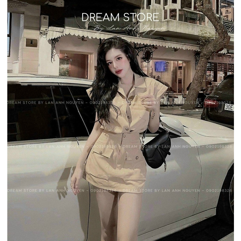 [Sale sốc] Set 2 món áo và váy đi chơi với áo kiểu nữ form rộng ngắn tay có khuy kèm chân váy chữ A lưng cao có túi