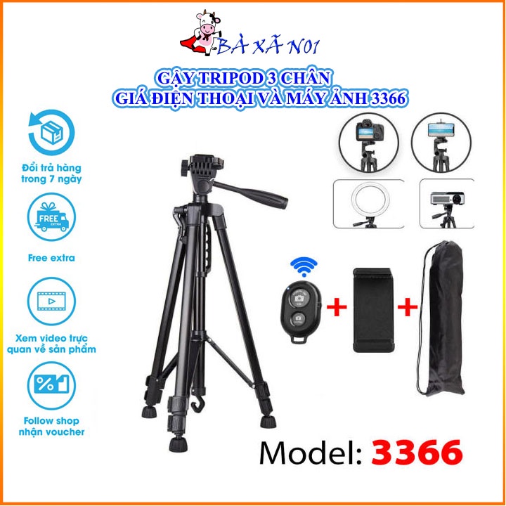 Gậy Tripod 3 chân cho điện thoại và máy ảnh 3366 dài 1m50 cao cấp - Tặng kèm Đầu kẹp điện thoại và Remote Bluetooth