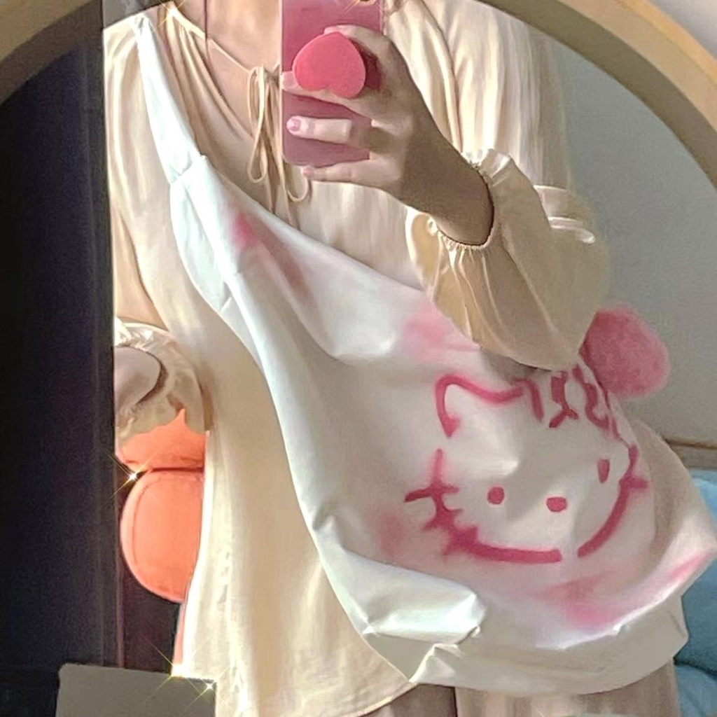 Túi Đeo Chéo Cỡ Lớn Vẽ Tay Họa Tiết Mèo Kitty Phong Cách Cổ Điển Y2k Cho Nữ