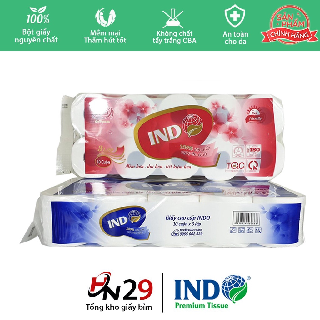 Giấy vệ cuộn sinh hoa anh đào INDO 10 cuộn x 3 lớp - Giấy cuộn có lõi và không lõi cao cấp mềm dai chính hãng - GV002