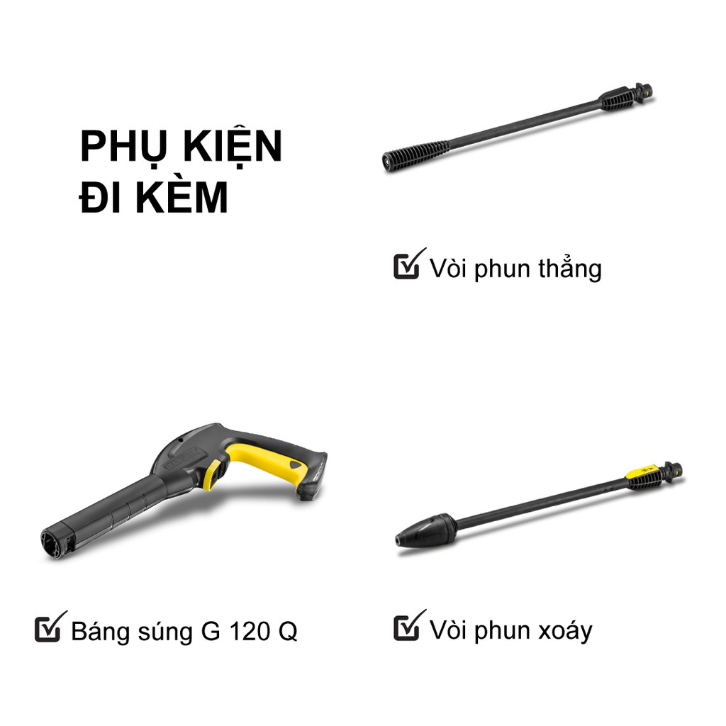 Máy phun rửa áp lực cao Karcher K2 Horizontal động cơ chổi than, áp lực 110 bar và đã bao gồm dây cấp nước