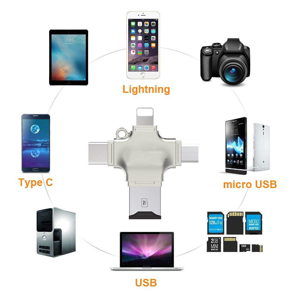 Đầu Đọc Thẻ Nhớ 4 Trong 1 Type C / Lightning / Micro Tf Cho Iphone X 8 7 Plus Ipad Android Laptop Pc