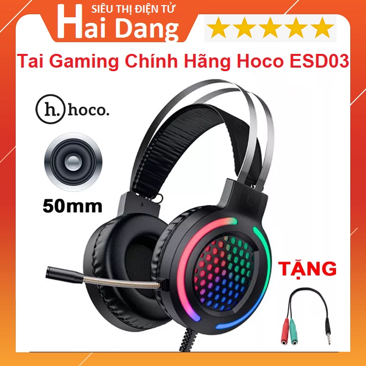 Tai Nghe Chơi Gaming, Tặng Dây Cắm Laptop, Tai Game ESD03 Chính Hãng Hoco - Có Mic Đèn LED - Dùng Cho PC - Điện Thoại