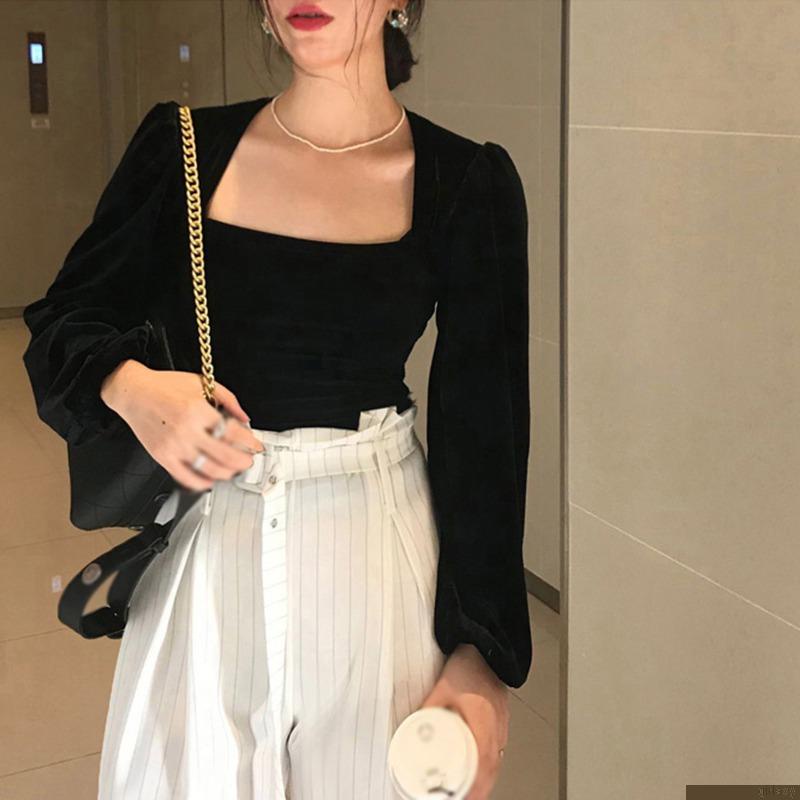 Áo thun tay dài cổ vuông màu sắc thanh lịch thời trang cho nữ