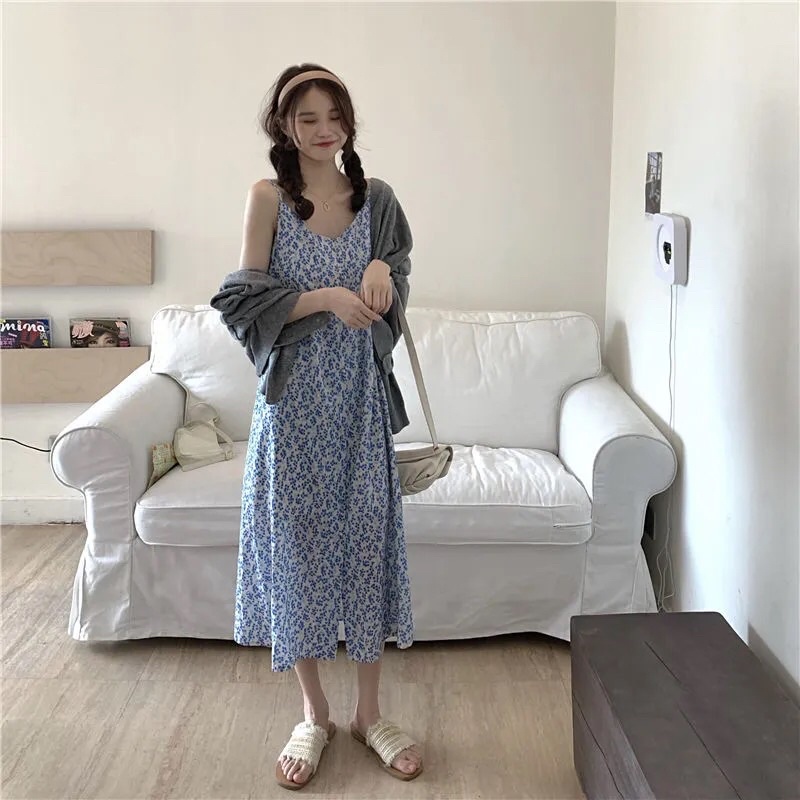 Set Áo Trắng + Váy Maxi Hai Dây Xanh Hoa Nhí Ulzzang Nữ M31