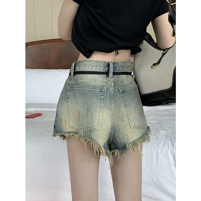 Quần Short Jeans Lưng Cao Ống Rộng Thời Trang Retro Cho Nữ