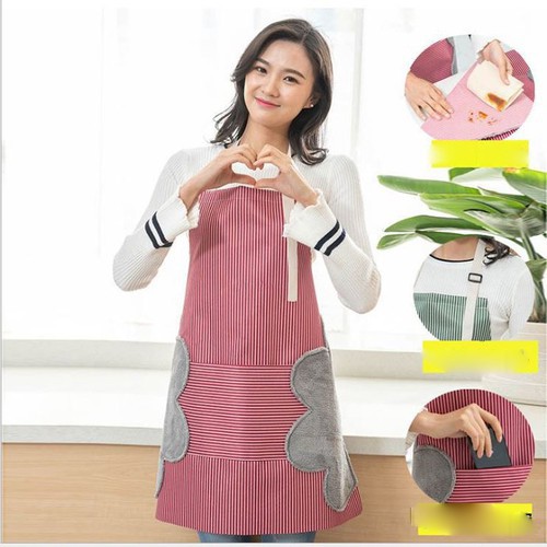 Tạp dề kẻ hoa có khăn lau tay bên hông, tạp dề chống thấm nước
