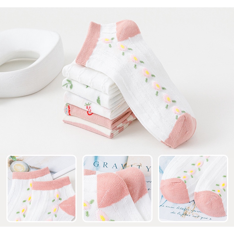 Tất Nữ Chery Cổ Ngắn Set 5 Đôi Tất Nữ Cổ Thấp Họa Tiết Đáng Yêu Phong Cách Hàn Quốc